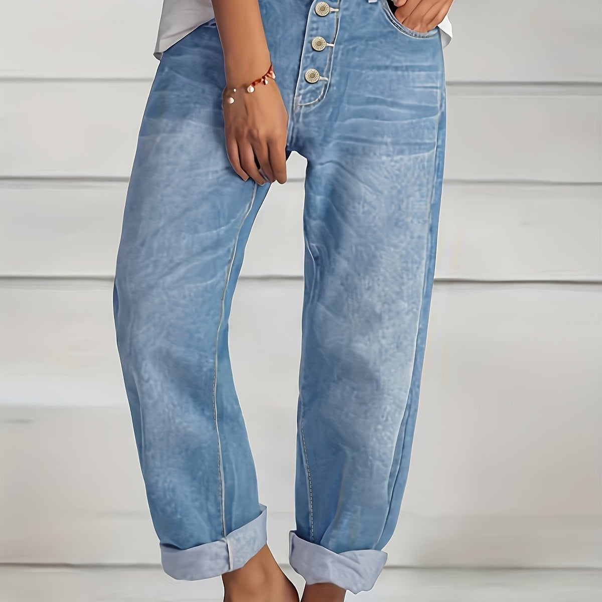 「lovevop」Blue Loose Fit Straight Jeans, Slash Pockets Single-Breasted Button Versatile Denim Pants, Women's Denim Jeans & Clothing