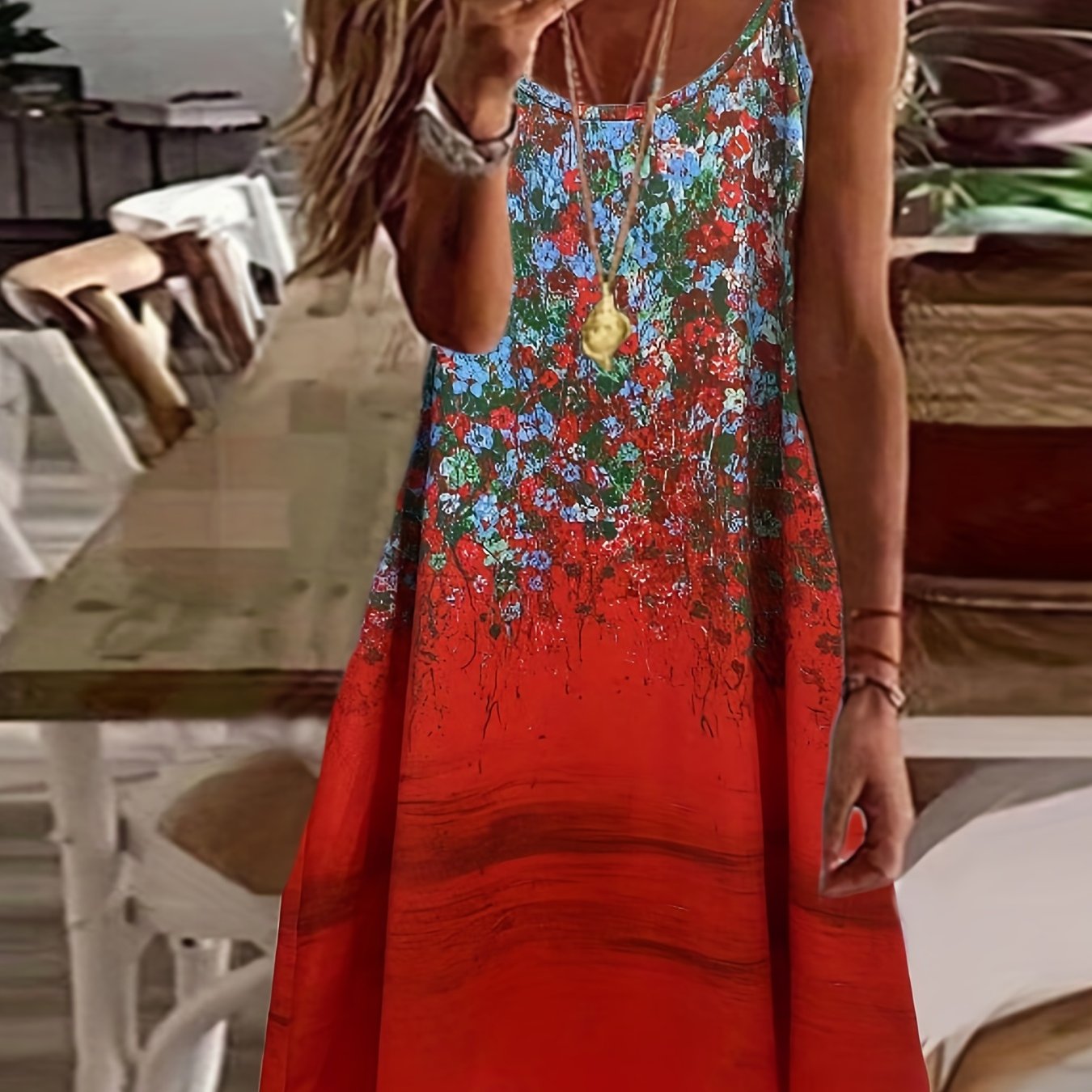 「lovevop」Floral Print Spaghetti Dress, Vacation Sleeveless Scoop Neck Summer Dress, Women's Clothing