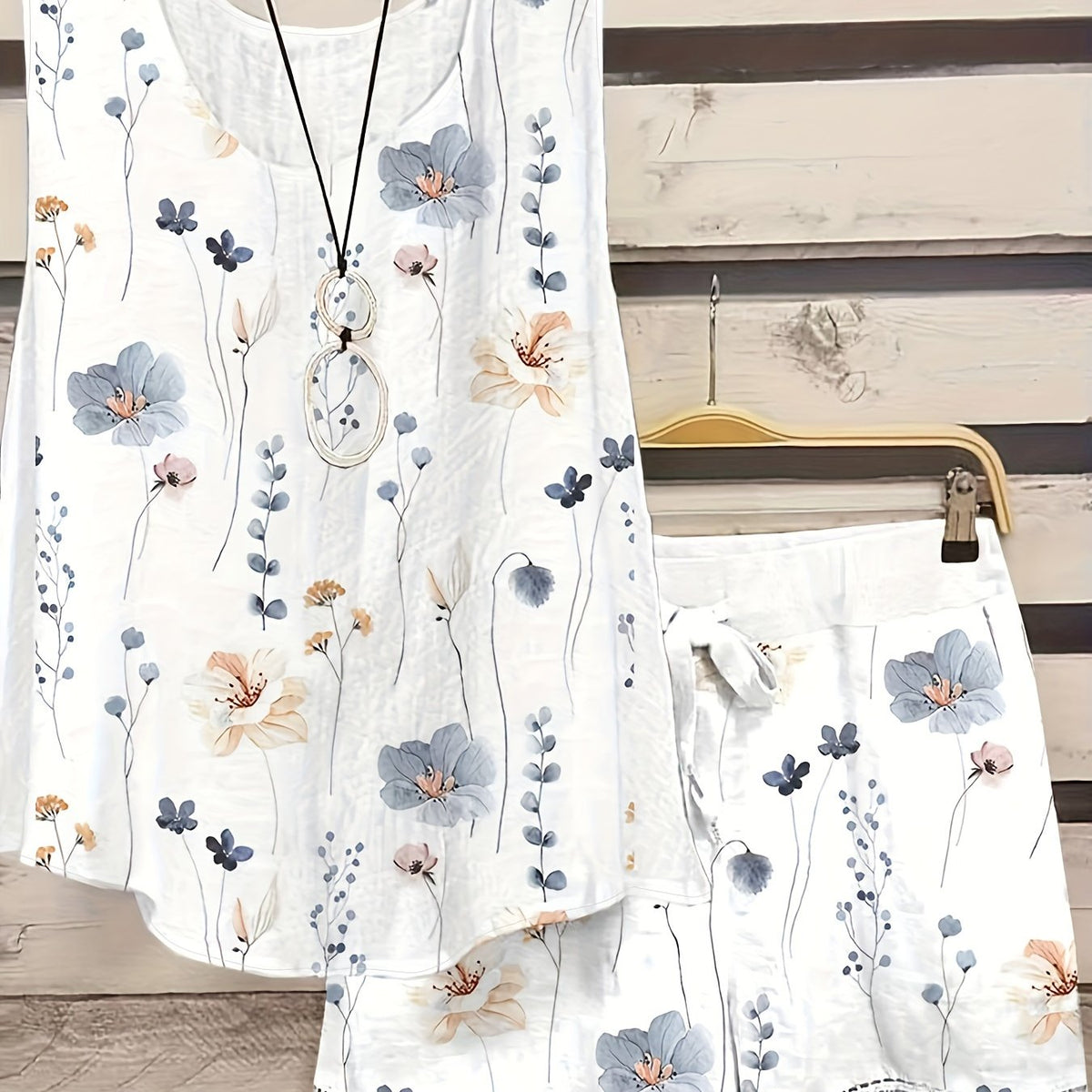 Floral Print Two Piece Outfit - Relaxed Fit Crew Neck Tank Top with Soft Fabric, Adjustable Drawstring Waist, Delicate Lace Trim Shorts - Perfect for Summer Season and Outdoor Activities, Womens Casual Wear