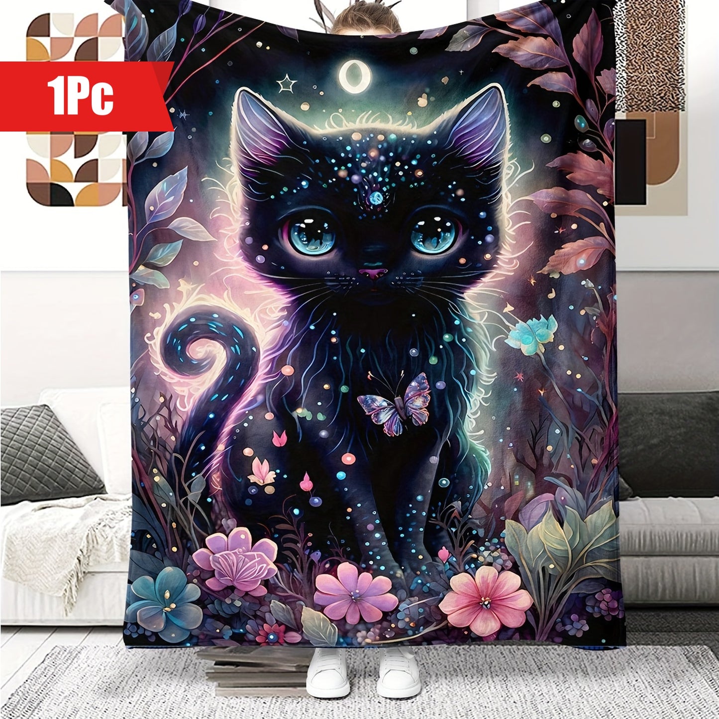 1pc Black Cat Super Soft And Comfortable Flannel Blanket, Lightweight Plush Blanket, Warm Plush Blanket, Suitable For Couch, Sofa, Bed Halloween Christmas Gifts