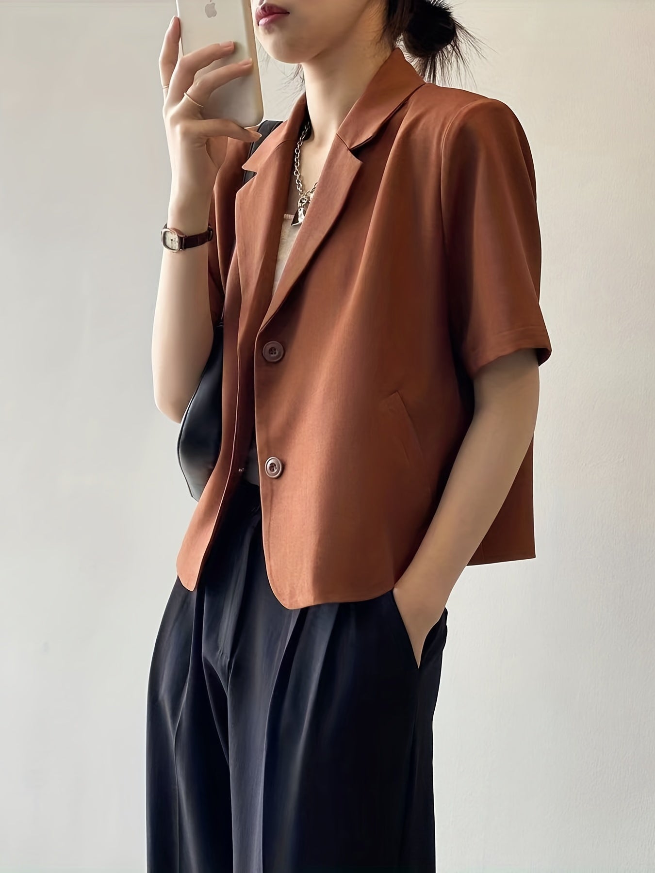 「lovevop」Solid Color Short Sleeve Blazer, Elegant Button Front Blazer For Office & Work, Women's Clothing