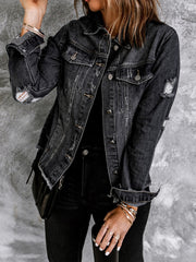 Lovevop-Black Lapel Distressed Denim Coats, Raw Hem Single-Breasted Buttons Long Sleeve Denim Jackets, Women's Denim Clothing