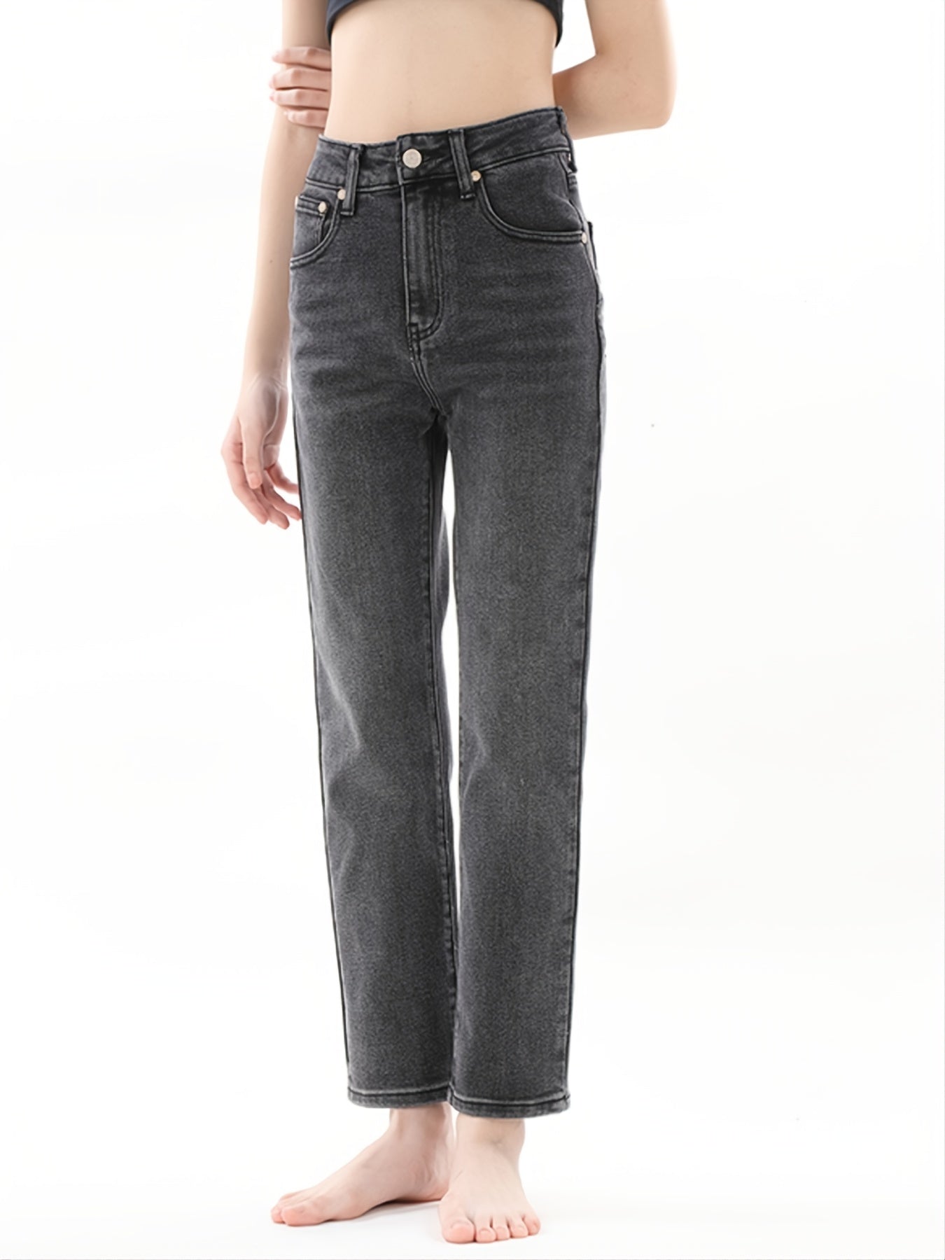 「lovevop」Washed Black Tapered Denim Pants, Classic Slant Pocket Denim Pants, Women's Clothing & Denim