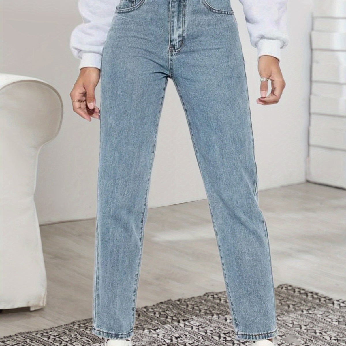 「lovevop」High Waist Slim Fit Denim Pants, Slash Pocket Plain Light Blue Color Mom Jeans, Women's Denim Jeans & Clothing