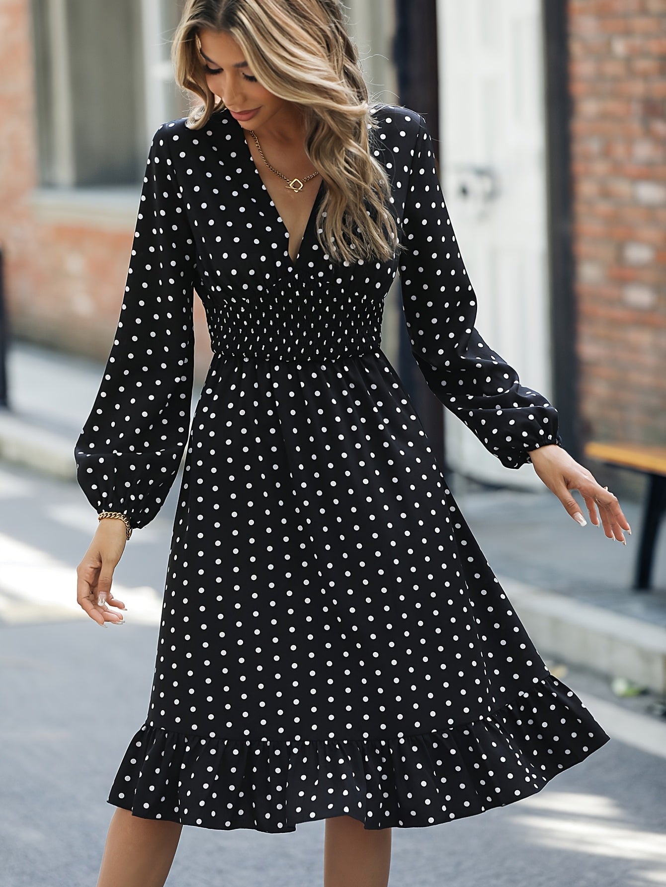 「lovevop」Retro V-neck Ruffle Dress, Polka Dot Print Long Sleeve Waist Loose Summer Dresses, Women's Clothing