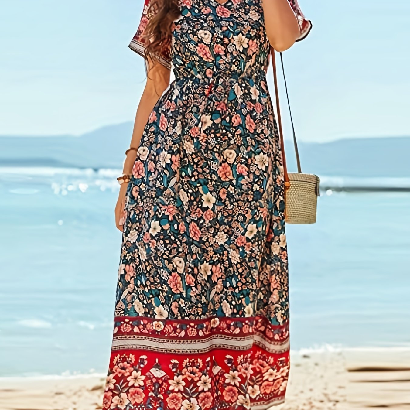 「lovevop」Boho Floral Print V Neck Dress, Casual Short Sleeve Dress For Spring & Summer, Women's Clothing