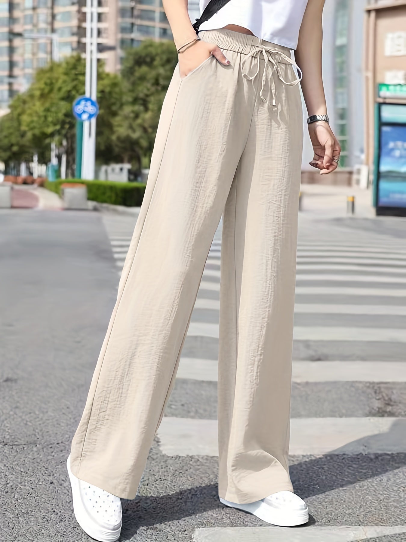 「lovevop」Minimalist Solid Drawstring Pants, Casual Long Length Elastic Waist Wide Leg Pants, Women's Clothing