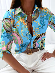 「lovevop」Women's Blouse V-neck Printed Long Sleeve Button Spring Fall Blouse