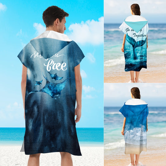 1pc Printed Bathrobe With Hood, Wearable Beach Towel, Microfiber Quick-drying Beach Robe, Suitable For Outdoor, Indoor, Beach, Swimming Pool
