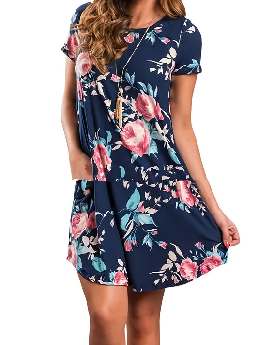 「lovevop」Random Floral Print Pocket Dress, Casual Crew Neck Short Sleeve Dress, Women's Clothing