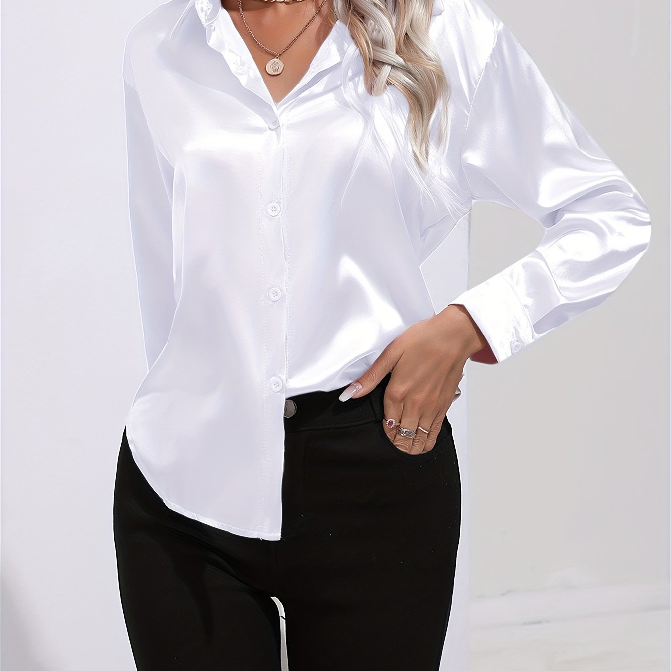 「lovevop」Solid Smoothly Shirt, Elegant Button Front Turn Down Collar Long Sleeve Shirt, Women's Clothing