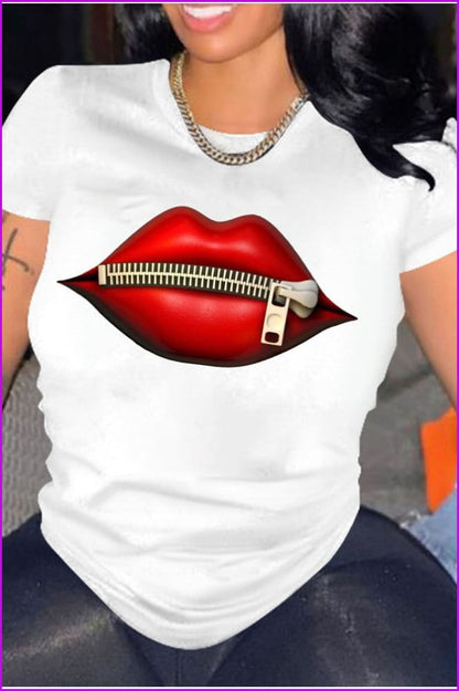 lovevop Fashion Cheap O Neck Short Sleeve Lip Pattern Women T-Shirt FW8220