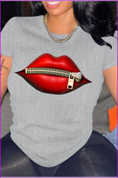 lovevop Fashion Cheap O Neck Short Sleeve Lip Pattern Women T-Shirt FW8220