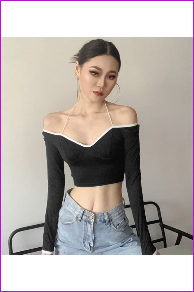 lovevop Fashion Halter Long Sleeve Crepped T-shirts FW8276