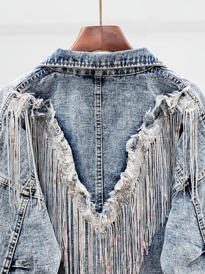 Lovevop-Light Blue Tassel Sequins Denim Jackets, Long Sleeve Flap Pockets Single-Breasted Button Loose Fit Denim Coats, Women's Denim Clothing