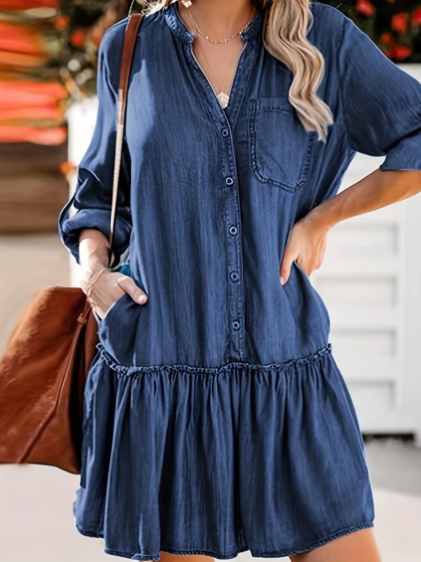 Lovevop-Blue Long Sleeves Denim Dress, Loose Fit Single-Breasted Button Fashion Denim Dress, Women's Denim Clothing