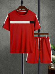 「lovevop」Men's Colorblock Casual T-shirt Outfit Set, 2 Pieces Round Neck Short Sleeve Tees And Drawstring Short Pants