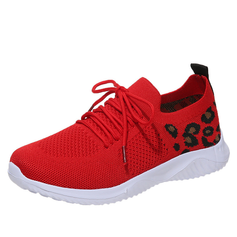 「lovevop」Women's Casual Sneakers, Flying Woven Leopard Pattern Breathable Lace-up Running Shoes, Women's Footwear