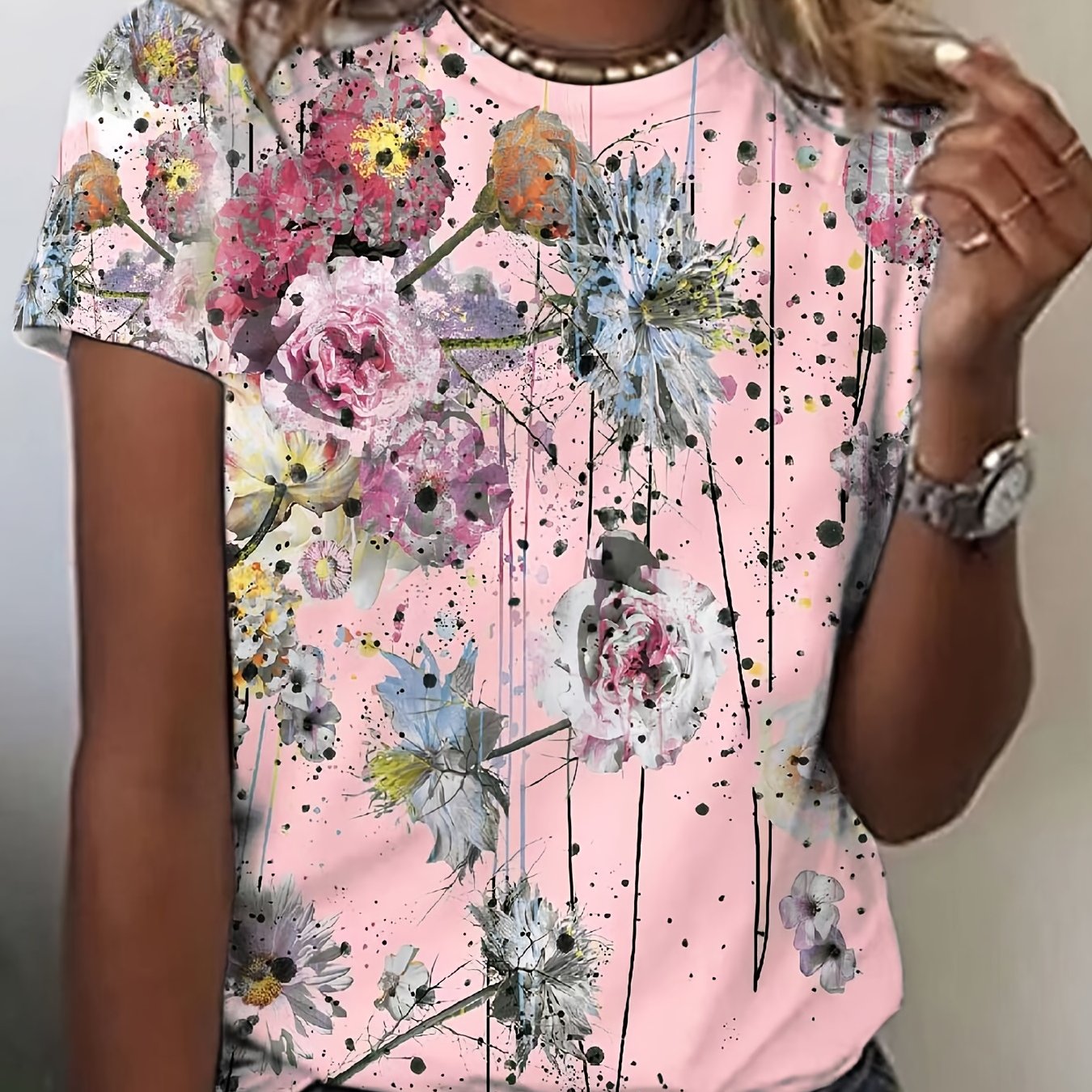 「lovevop」Floral Print Crew Neck T-Shirt, Casual Short Sleeve T-Shirt For Spring & Summer, Women's Clothing