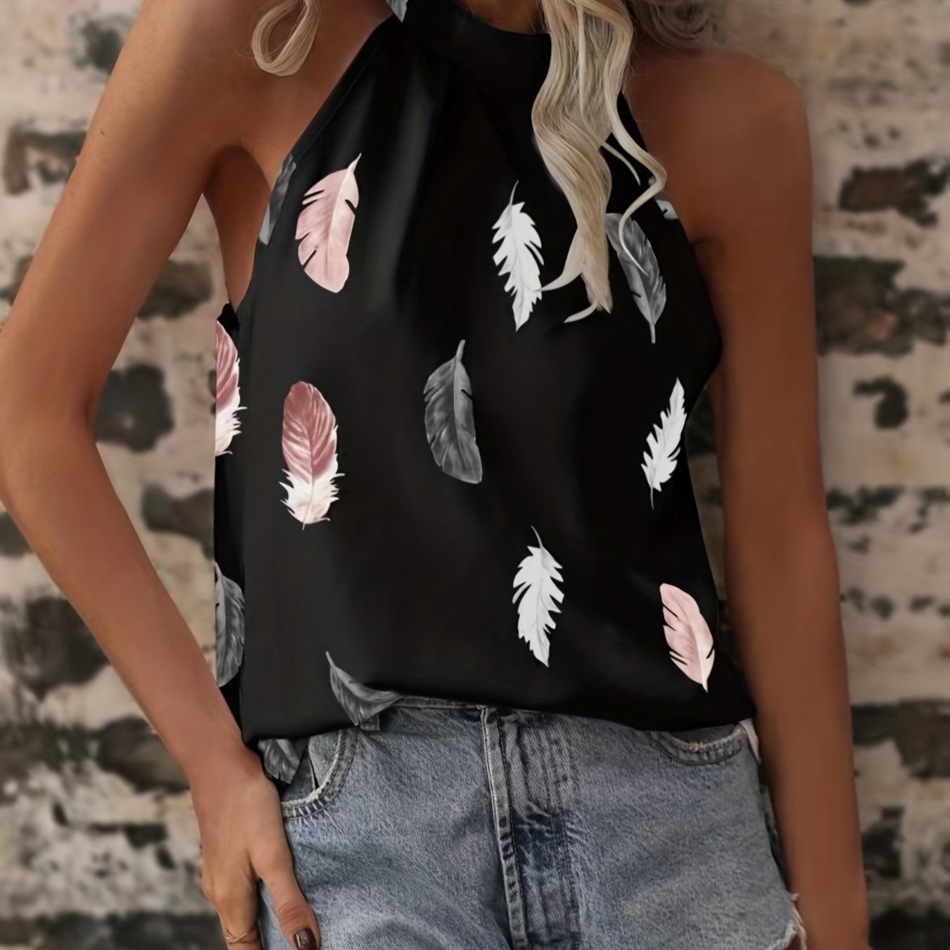 「lovevop」Feather Print Halter Neck Blouse, Elegant Sleeveless Blouse For Summer, Women's Clothing