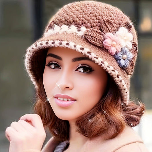 Vintage Floral Crochet Bucket Hat - Thick, Coldproof, and Warm Fisherman Cap for Women - Perfect for Daily Use in Autumn and Winter Seasons