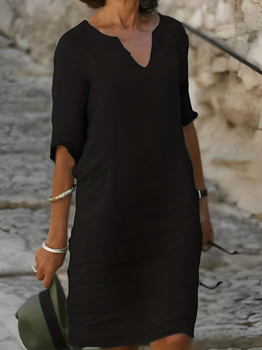 「lovevop」Minimalist Notched Neck 3/4 Sleeve Dress, Casual Solid Knee Length Dress, Women's Clothing