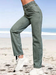 「lovevop」Green Paperbag Waist Straight Jeans, High Waist Slim Fit High Rise Denim Pants, Women's Denim Jeans & Clothing