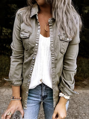 Lovevop-Grey Long Sleeve Flap Pockets Denim Coats, Single-Breasted Button Lapel Denim Jackets, Women's Denim Clothing