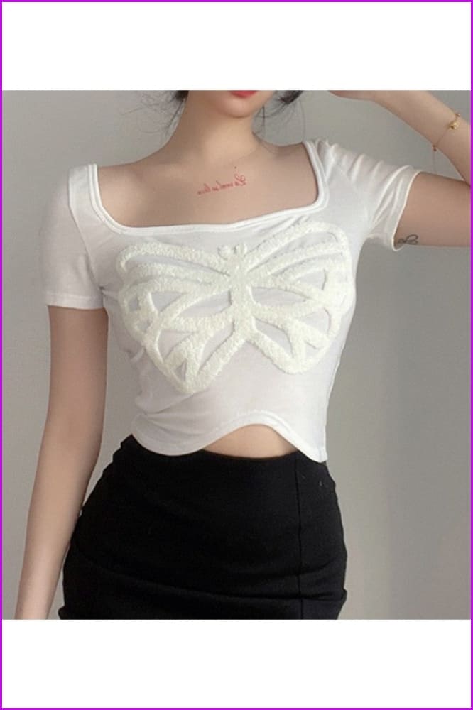 lovevop Pure Color Butterfly Pattern Short Sleeve T-Shirt Top FW7717