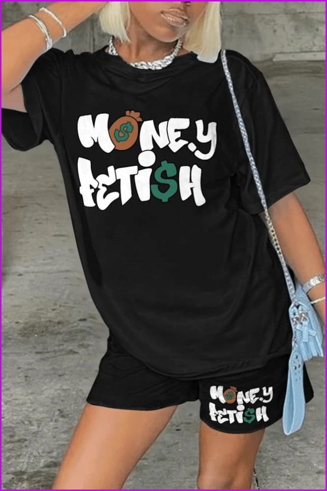lovevop Short Sleeve Letter Printing T-Shirt And Shorts Set FW6195