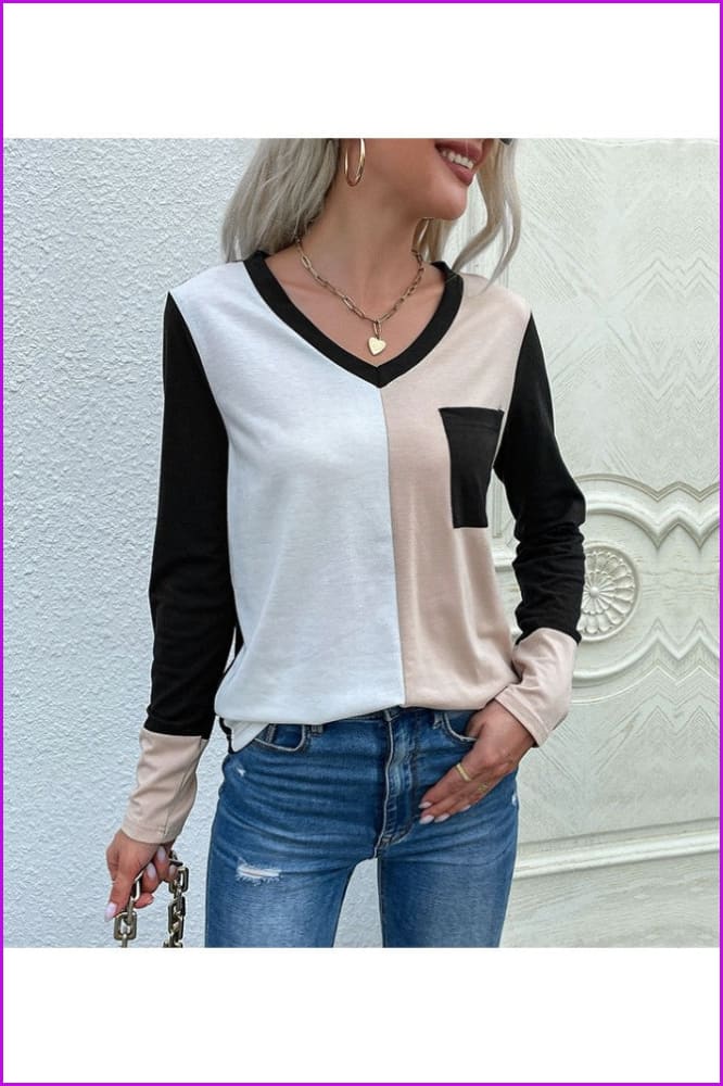 lovevop Simple Design Color Block Long Sleeve Casual T-Shirt FW8460