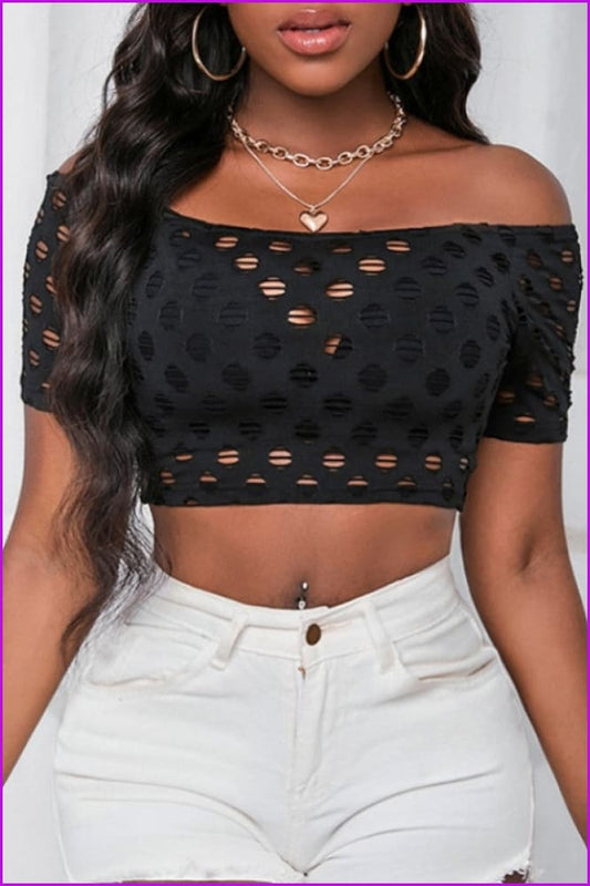 lovevop Summer Fashion Pure Color Hollowed Out T-Shirt FW10098