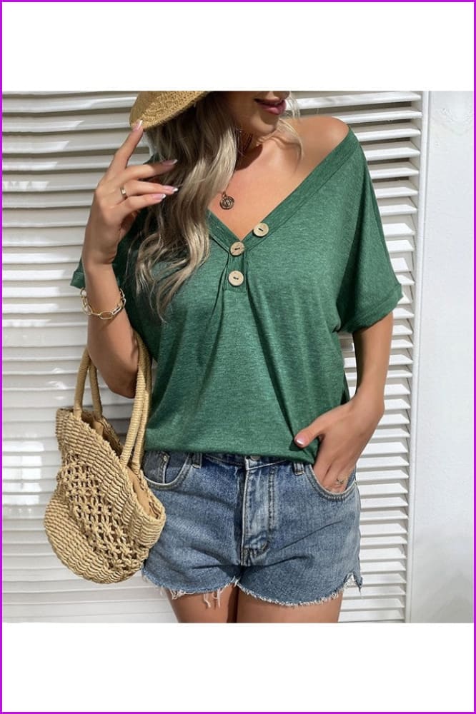 lovevop Summer Fashion V Neck Short Sleeve Casual T-Shirt FW8753