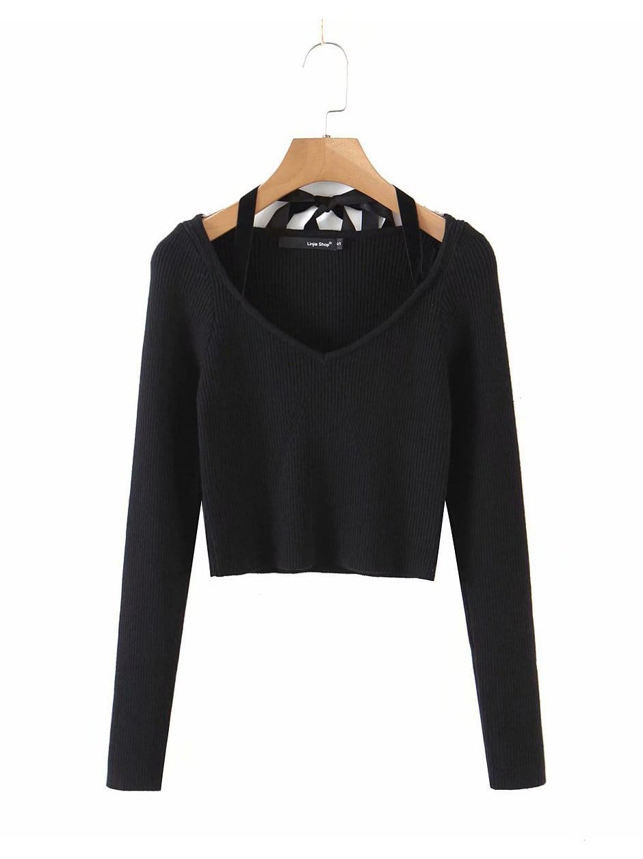 lovevop Autumn Patchwork Halter Long Sleeve Knitted T-Shirts