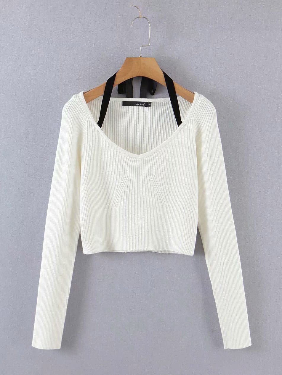 lovevop Autumn Patchwork Halter Long Sleeve Knitted T-Shirts