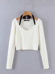 lovevop Autumn Patchwork Halter Long Sleeve Knitted T-Shirts