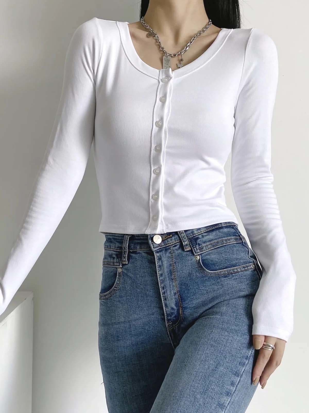 lovevop Autumn Solid Button Up Long Sleeve Fitted T-Shirt