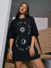 lovevop Casual Black Short Sleeve Loose Printed Women T-Shirt