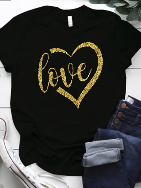 lovevop Casual Black Versatile Crew Neck Plus Size T-Shirt