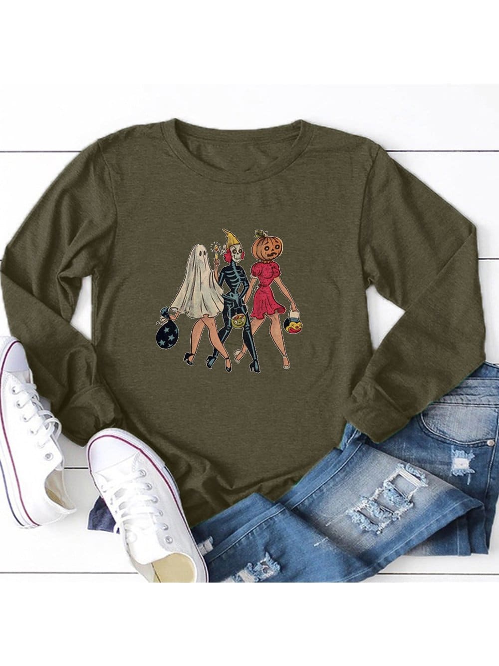 lovevop Casual Cartoon Halloween Print Long Sleeve Women T-Shirt