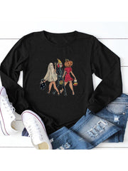 lovevop Casual Cartoon Halloween Print Long Sleeve Women T-Shirt