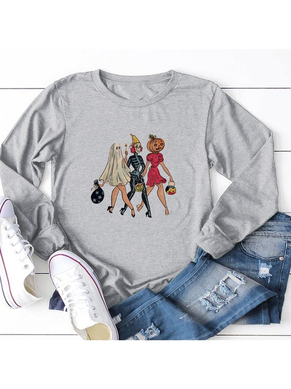 lovevop Casual Cartoon Halloween Print Long Sleeve Women T-Shirt