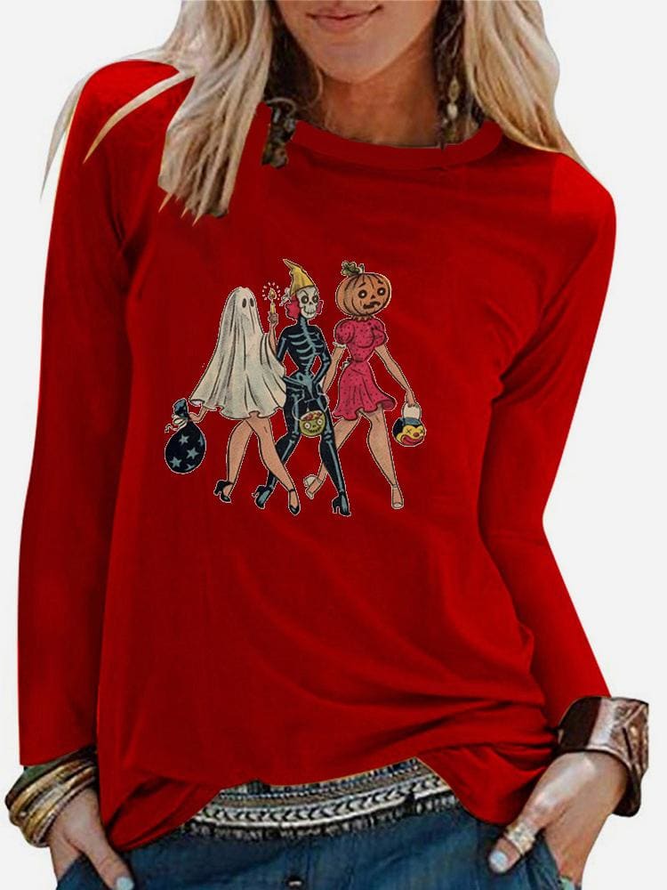 lovevop Casual Cartoon Halloween Print Long Sleeve Women T-Shirt