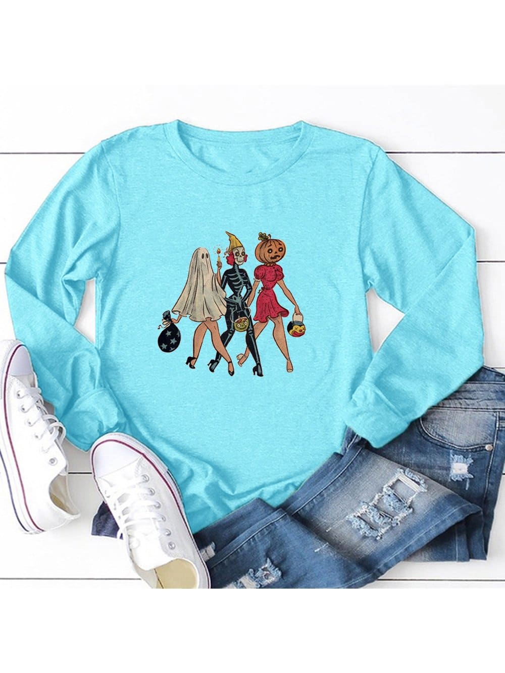 lovevop Casual Cartoon Halloween Print Long Sleeve Women T-Shirt