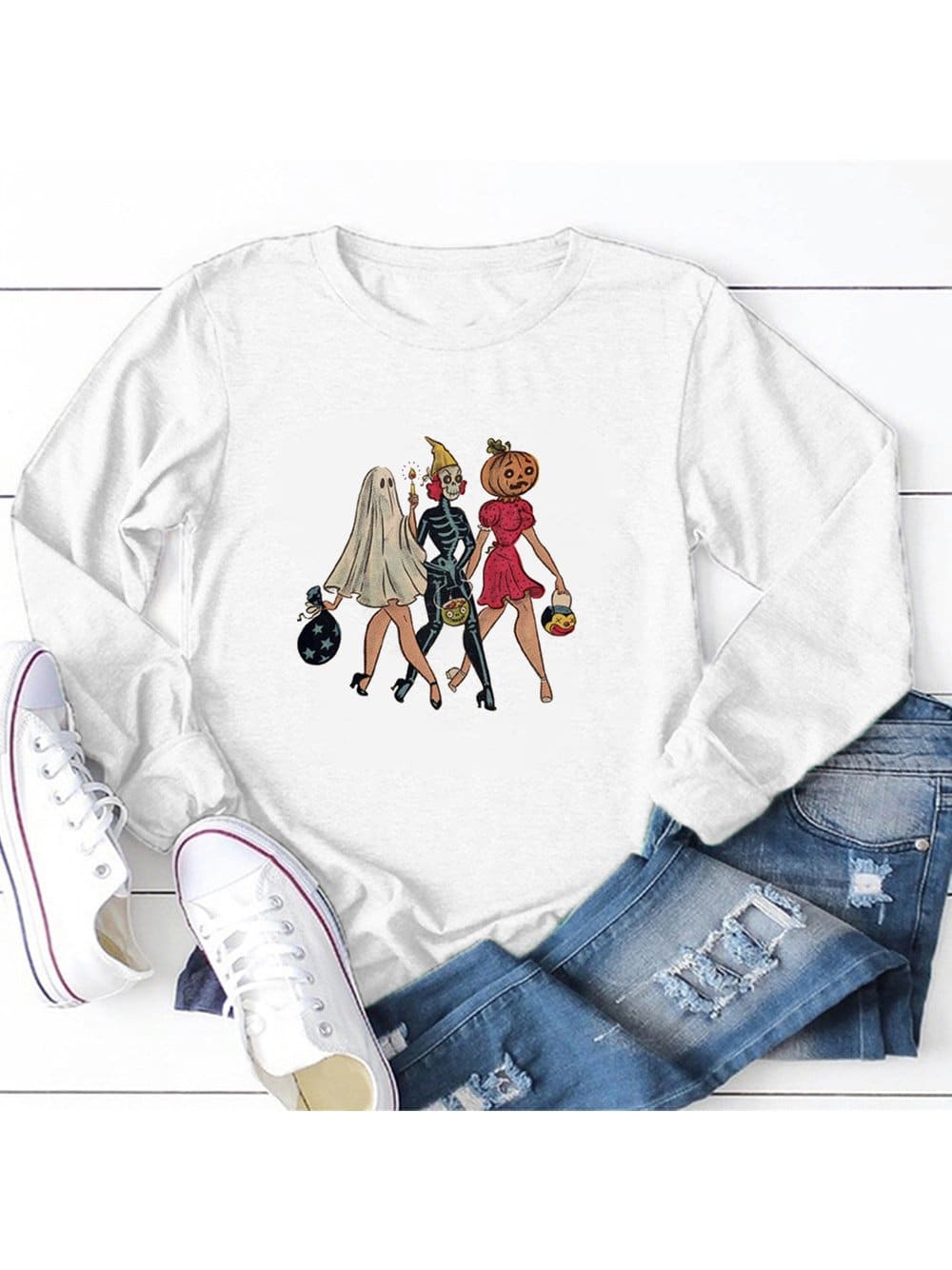 lovevop Casual Cartoon Halloween Print Long Sleeve Women T-Shirt