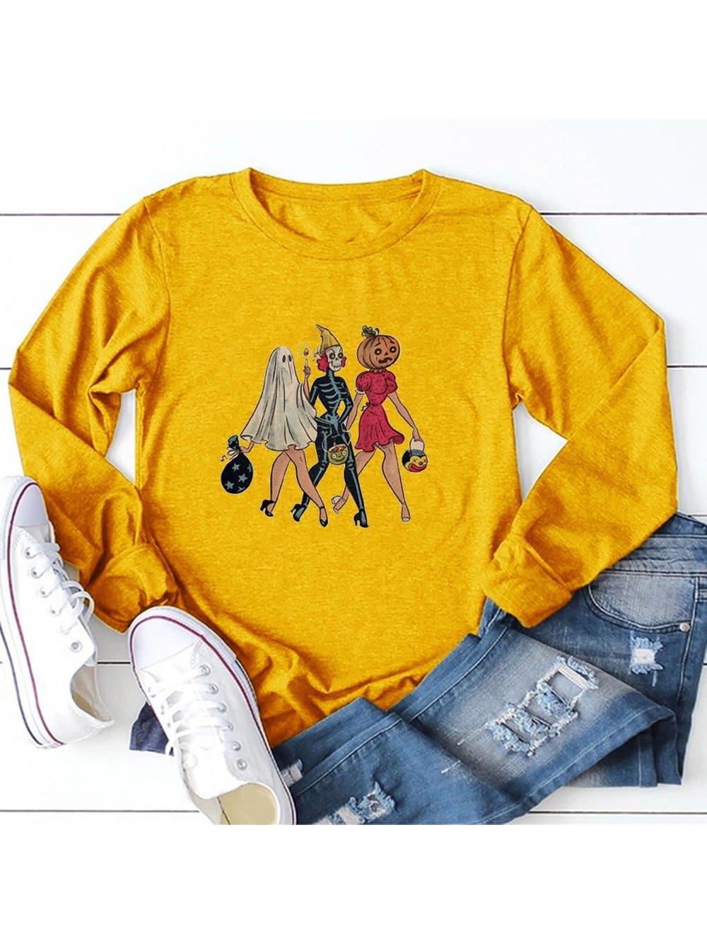 lovevop Casual Cartoon Halloween Print Long Sleeve Women T-Shirt