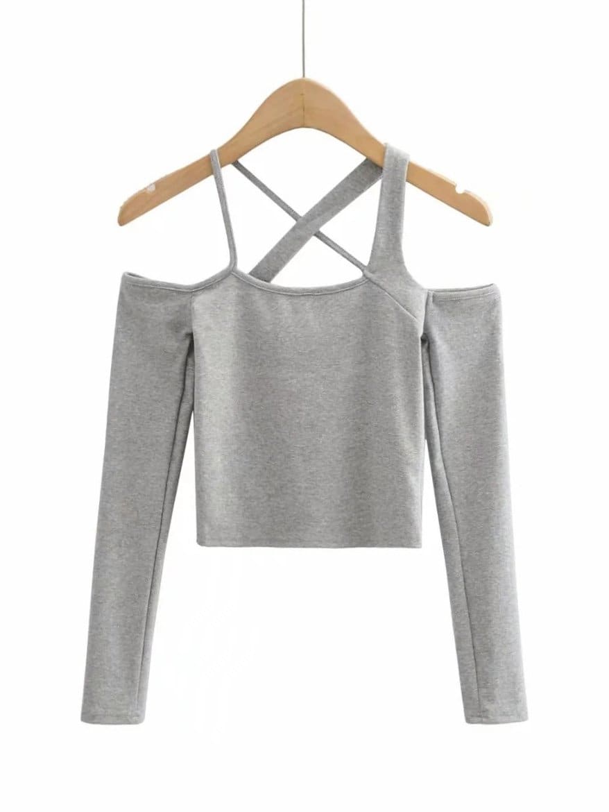 lovevop Casual Solid Fitted Cropped Long Sleeve T-Shirt