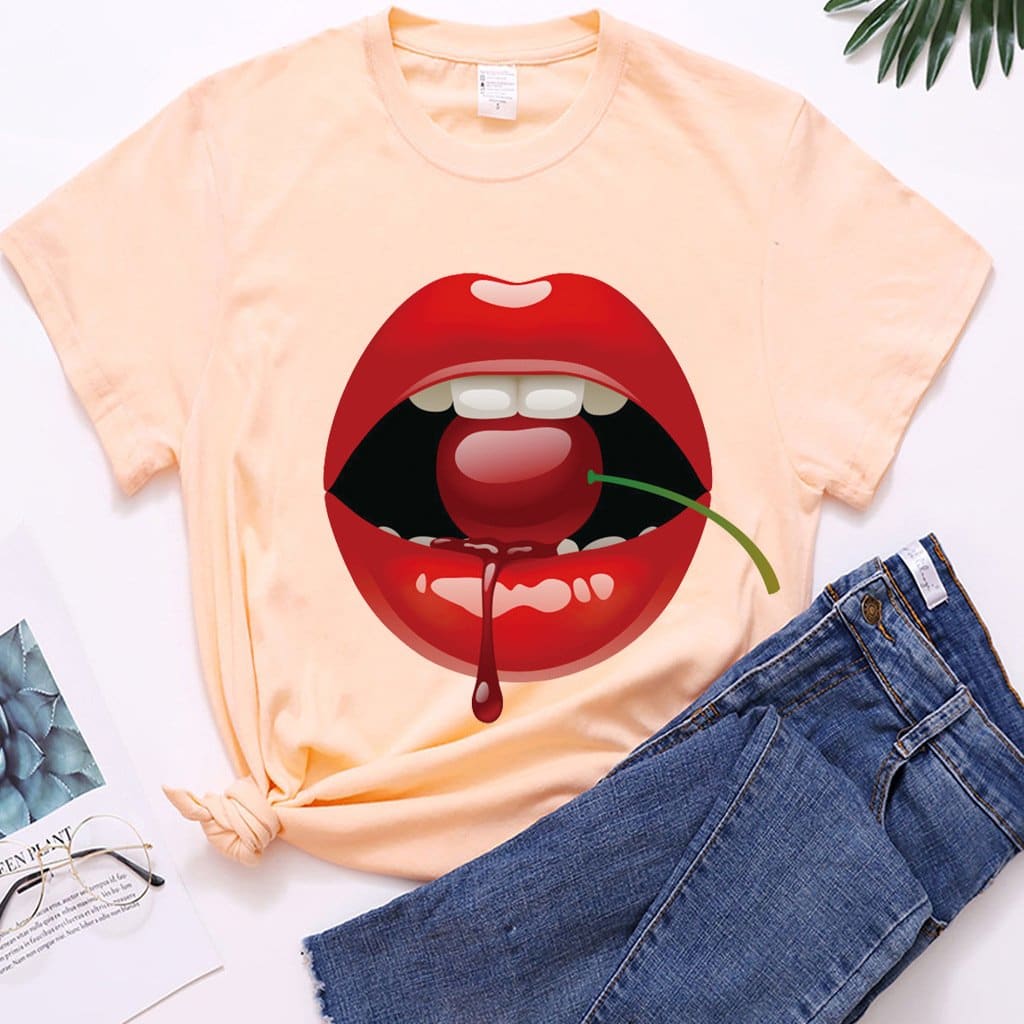 lovevop Casual Stylish Summer Lip Print Short Sleeve T-Shirt