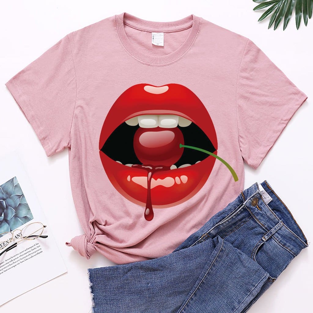 lovevop Casual Stylish Summer Lip Print Short Sleeve T-Shirt