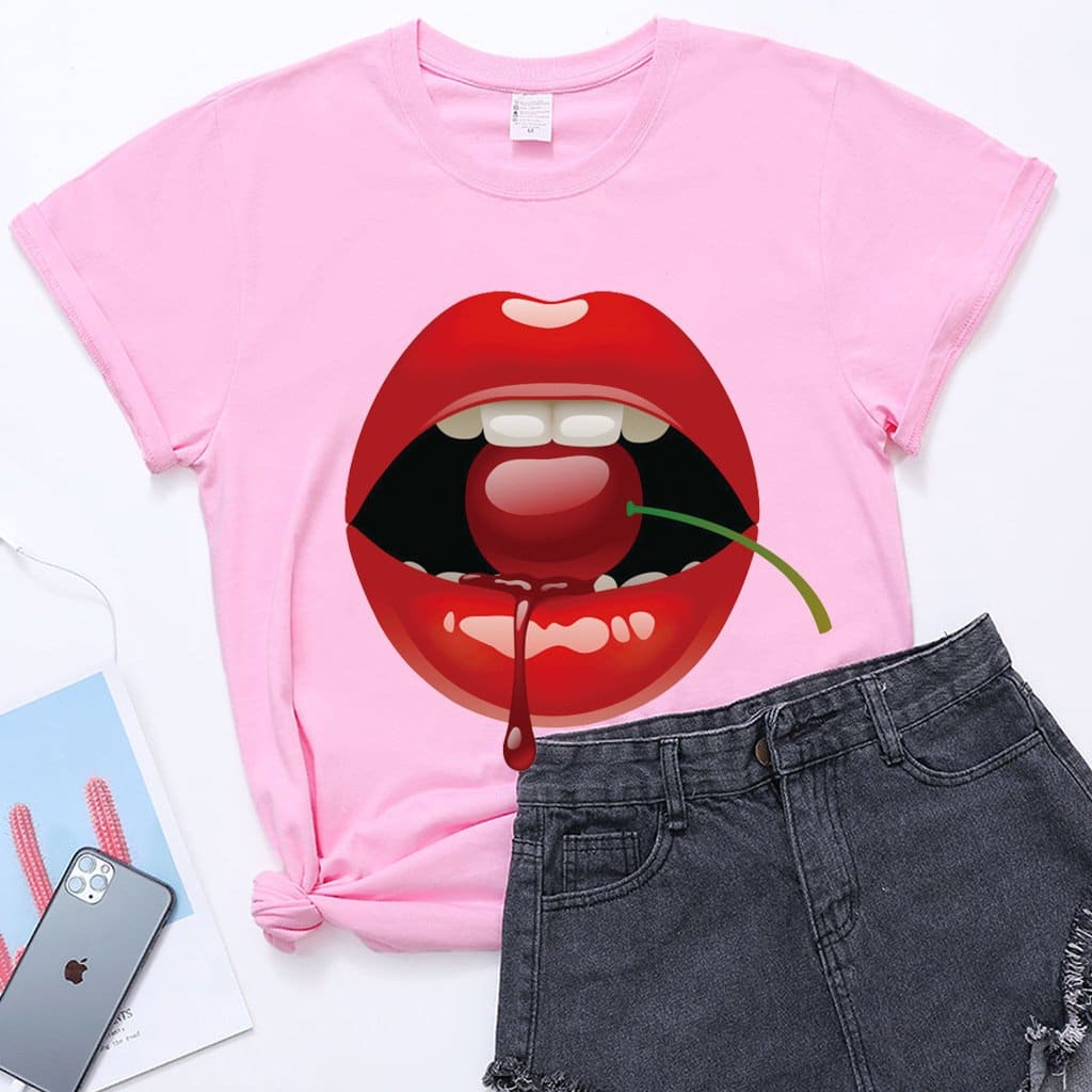 lovevop Casual Stylish Summer Lip Print Short Sleeve T-Shirt